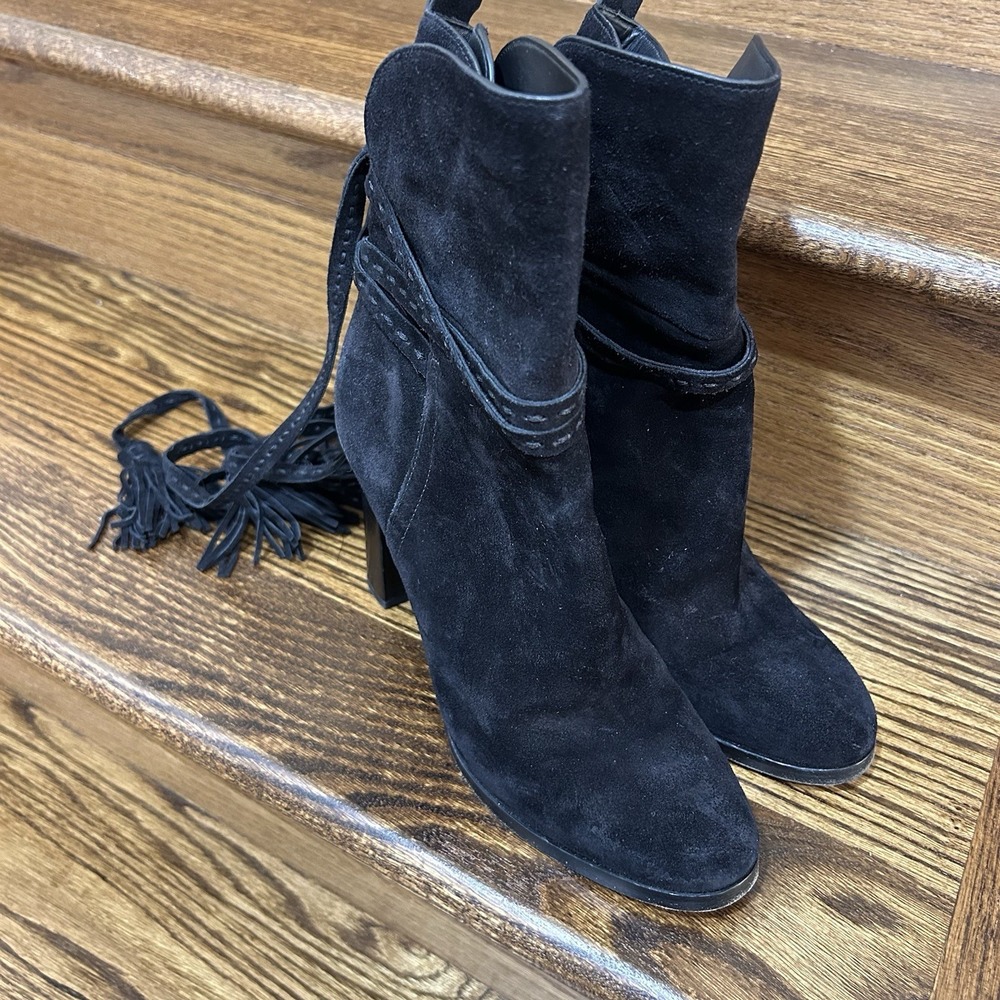 Michael Kors Collection 9 Made in Italy Black Suede Tassel‎ Wrap Block Heel